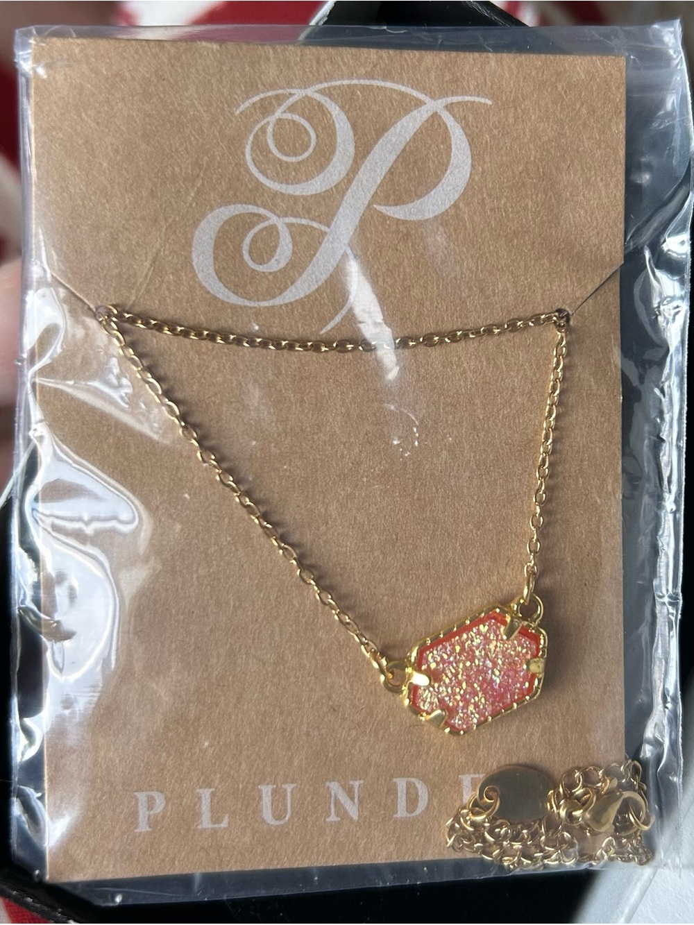 Plunder Gold-Tone Necklace with Pink Sparkle Druzy Hex Pendant